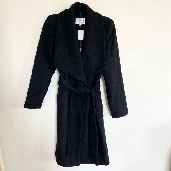 Cole Haan Wool Blend Belted Wrap Coat Black Size 12 NWT - Picture 4 of 11